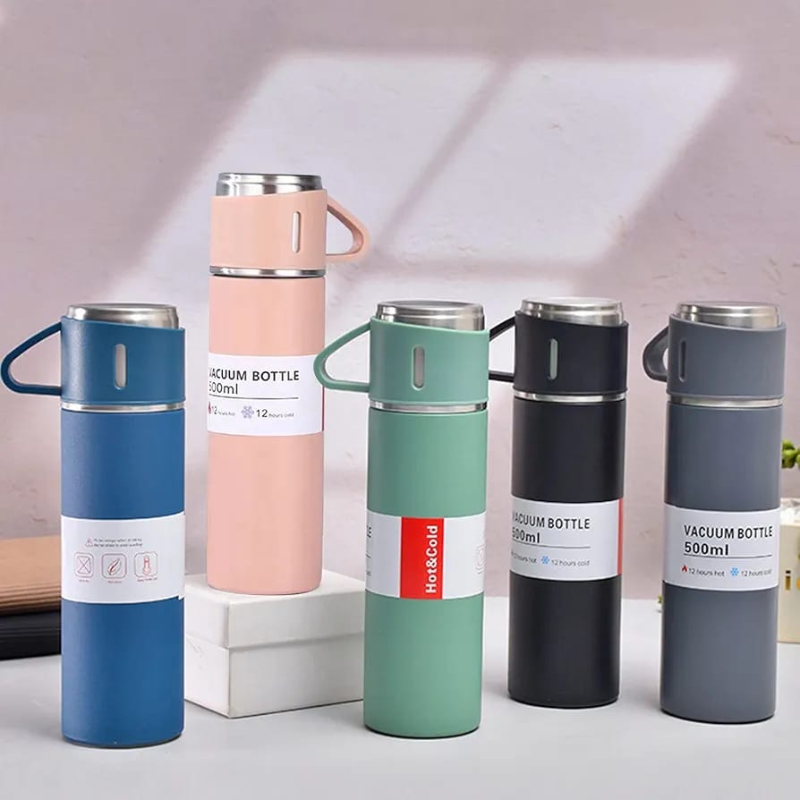 Vacuum Flask Set – 500ml Thermos Bottle with 3 Steel Cups | Travel Water Bottle & Mug Set | Hot & Cold Thermal Flask