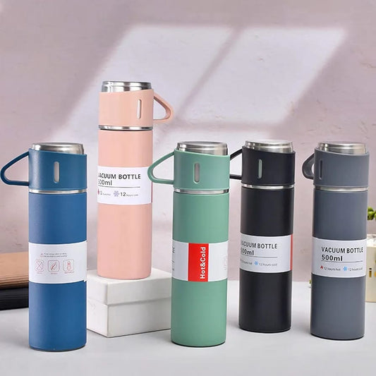Vacuum Flask Set – 500ml Thermos Bottle with 3 Steel Cups | Travel Water Bottle & Mug Set | Hot & Cold Thermal Flask