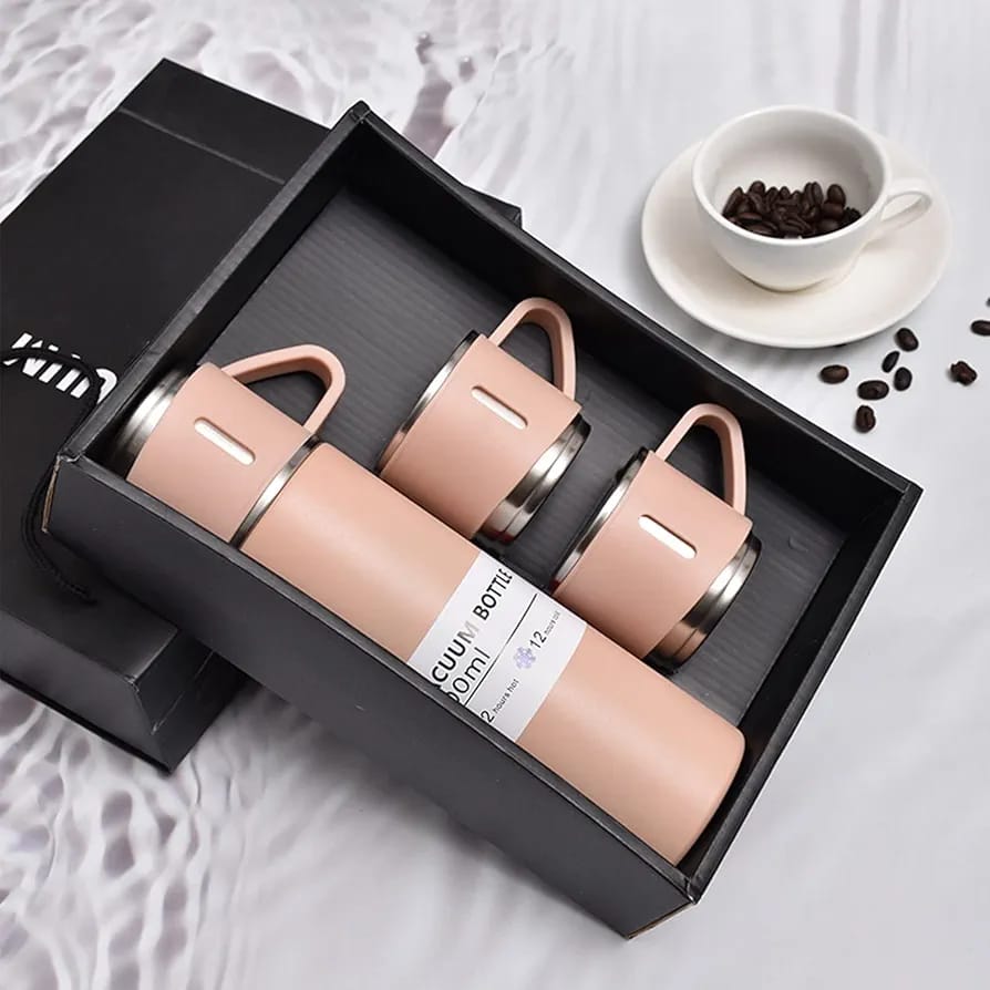 Vacuum Flask Set – 500ml Thermos Bottle with 3 Steel Cups | Travel Water Bottle & Mug Set | Hot & Cold Thermal Flask