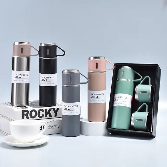 Vacuum Flask Set – 500ml Thermos Bottle with 3 Steel Cups | Travel Water Bottle & Mug Set | Hot & Cold Thermal Flask