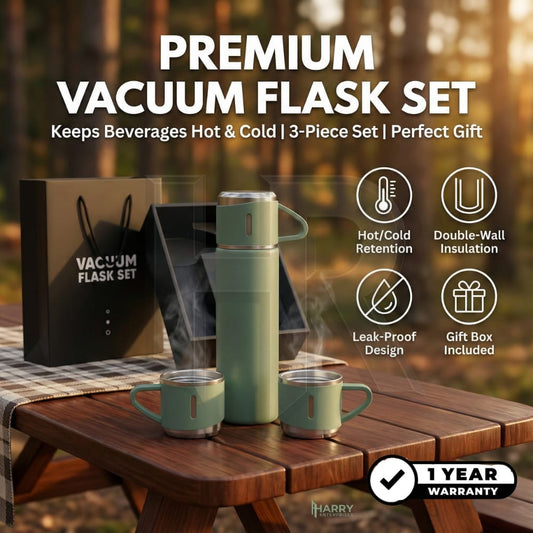 Vacuum Flask Set – 500ml Thermos Bottle with 3 Steel Cups | Travel Water Bottle & Mug Set | Hot & Cold Thermal Flask