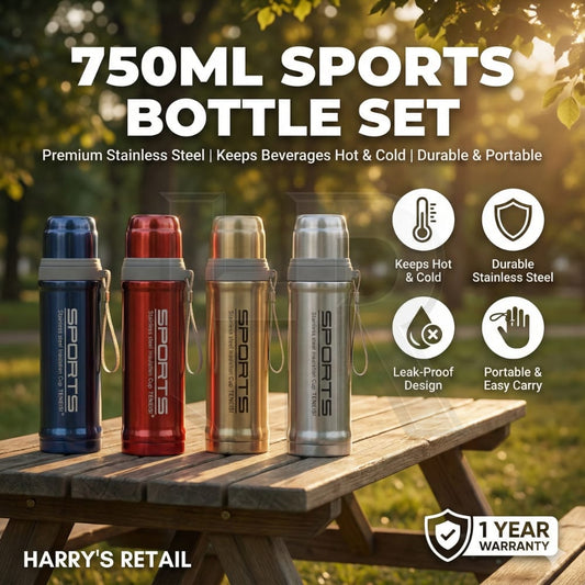 Stainless Steel Water Bottle – 750ml Double Wall Vacuum Insulated Thermos Flask | Leakproof Hot & Cold Bottle