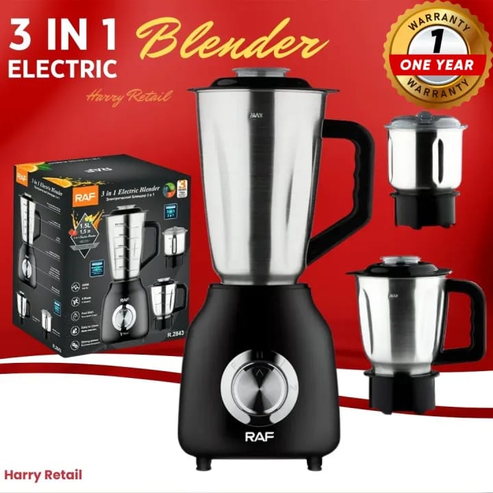 RAF 3-in-1 Blender – 1.5L Jug | 2 Speed Control | 6 Stainless Steel Blades | Juicer, Blender & Grinder Machine