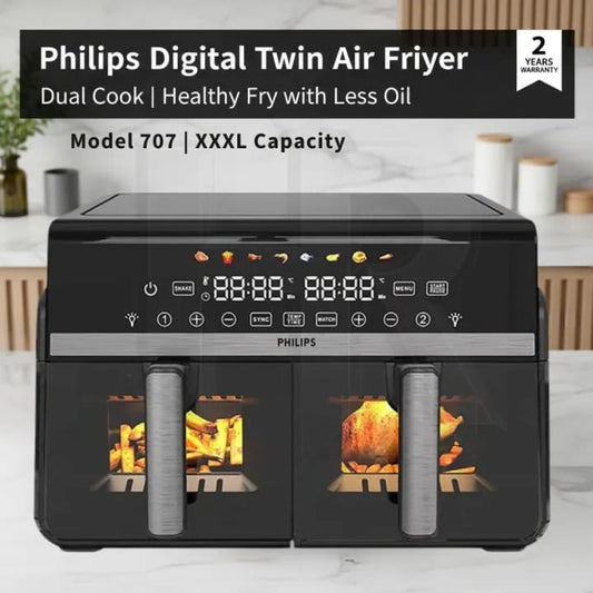 Philips Digital Twin Air Fryer Model 707 XXXL – Dual Basket 10L+ Capacity | 2 Drawer Air Fryer | Oil-Free Cooking