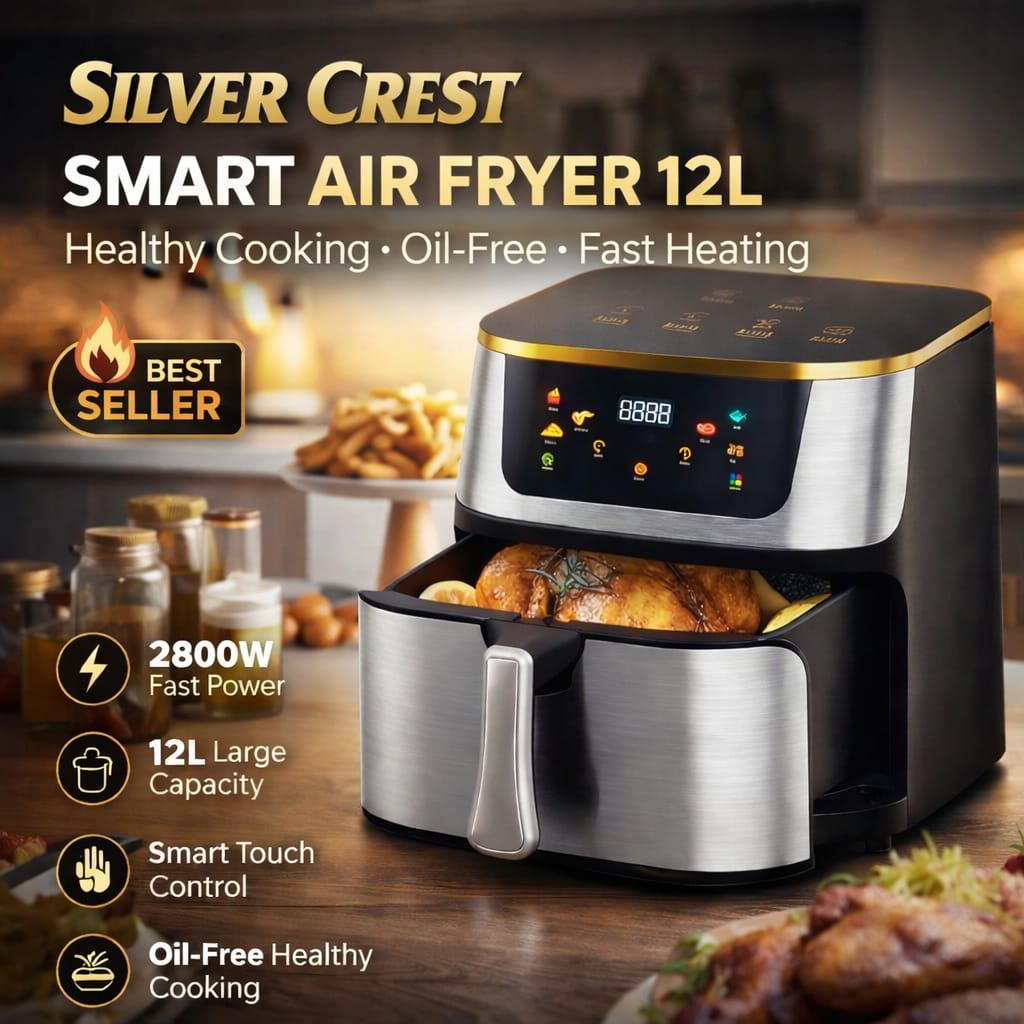 Silver Crest 12L Air Fryer – 2800W Smart Digital Air Fryer | Large Capacity Oil-Free Cooker | Rapid Air Technology