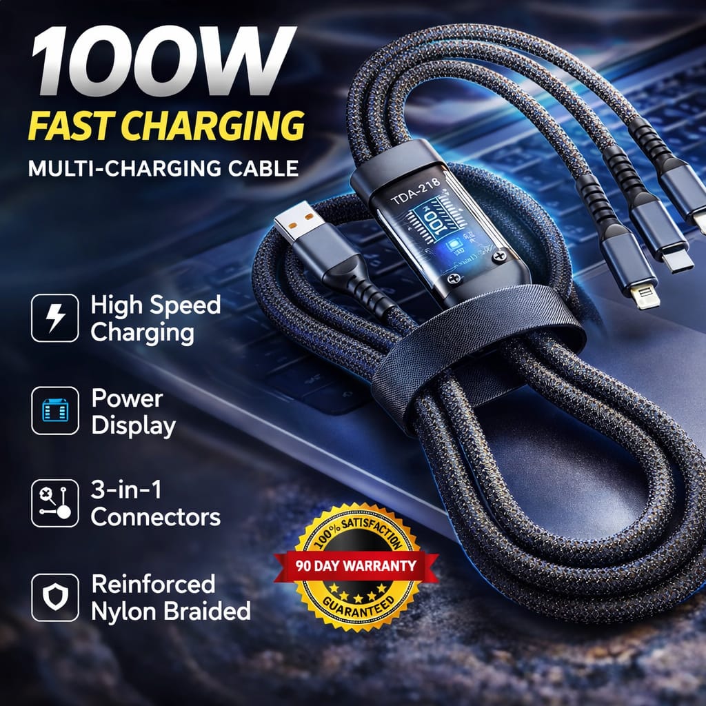 100w Fast Charging Cable - 3 In 1 Fast Charging Cable With Type C Cable - Micro Usb Connectors - Iphone Cable - Data Cable - Multi Charger Cable For Universal Devices - Nylon Braided - 3 In 1 Interface Charger.