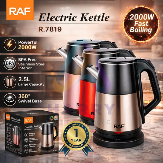 RAF R-7819 Electric Kettle – 2.5L Capacity | 2000W Fast Boil | Stainless Steel Electric Kettle | 360° Swivel Base