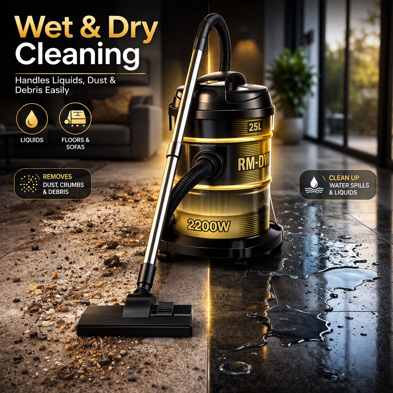 Panasonic 25L Vacuum Cleaner 2200W Turbo Power with Wheels | Heavy Duty Wet & Dry Vacuum Cleaner