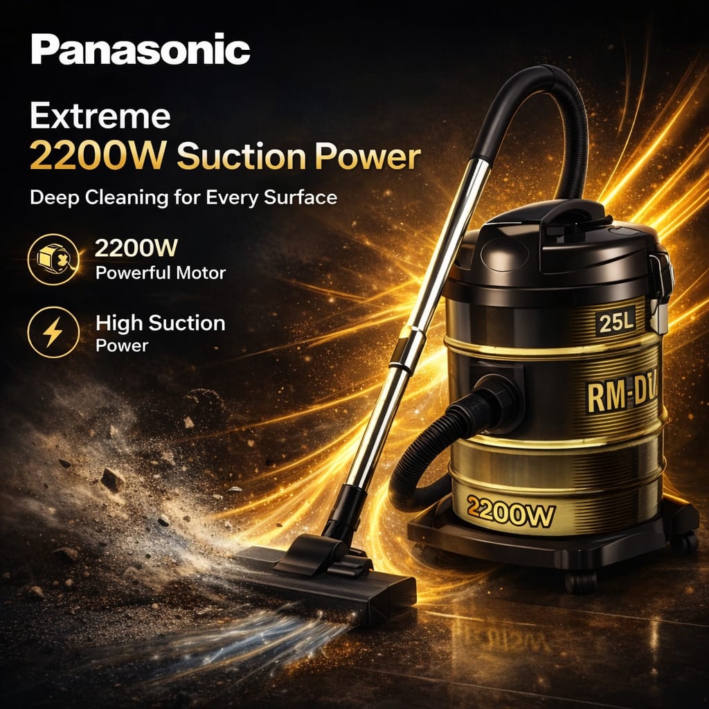 Panasonic 25L Vacuum Cleaner 2200W Turbo Power with Wheels | Heavy Duty Wet & Dry Vacuum Cleaner