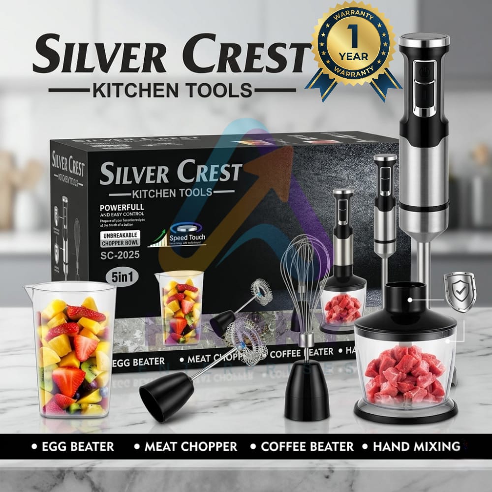 Silver Crest SC-2025 5 in 1 Hand Blender – 500W Powerful Stick Blender | 4 Speed Control | Chopper, Whisk, Frother & Beaker