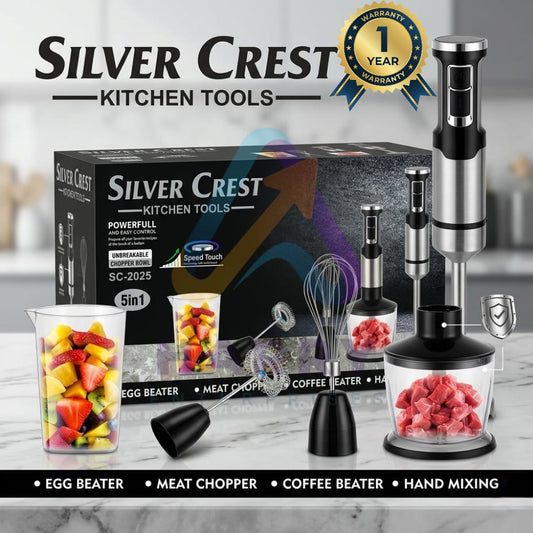 Silver Crest SC-2025 5 in 1 Hand Blender – 500W Powerful Stick Blender | 4 Speed Control | Chopper, Whisk, Frother & Beaker