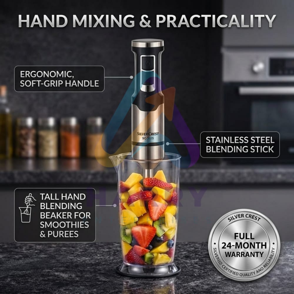 Silver Crest SC-2025 5 in 1 Hand Blender – 500W Powerful Stick Blender | 4 Speed Control | Chopper, Whisk, Frother & Beaker