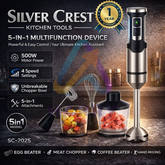Silver Crest SC-2025 5 in 1 Hand Blender – 500W Powerful Stick Blender | 4 Speed Control | Chopper, Whisk, Frother & Beaker