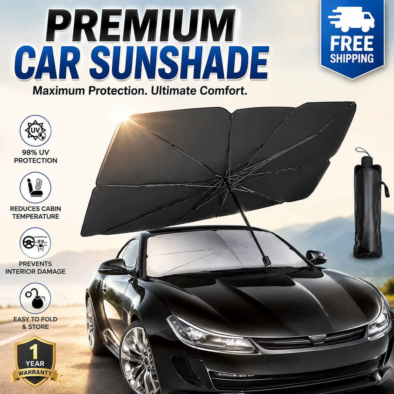 Foldable Car Sunshade Umbrella – UV Protection Windshield Cover | Portable Front Windshield Sun Shade Umbrella Style