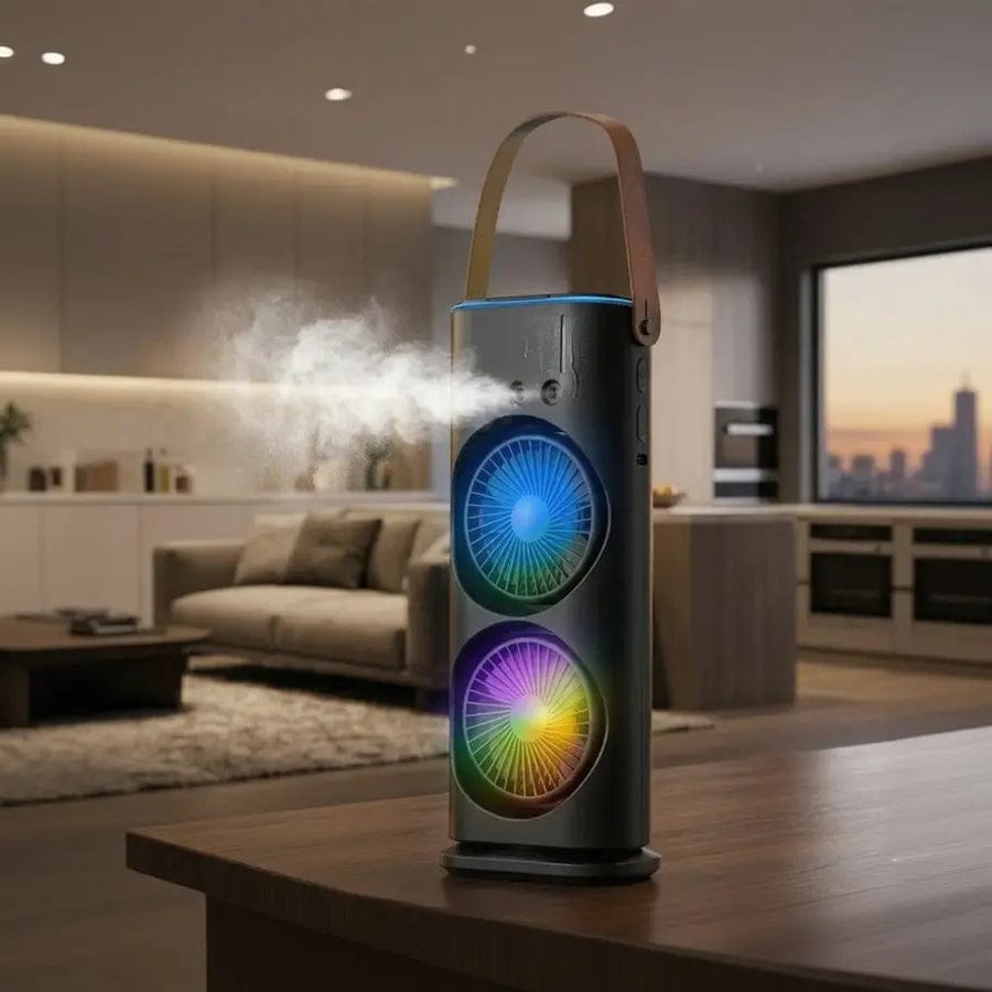 Portable Spray Fan Rechargeable Mini Air Cooler | Double Head Mist Fan with RGB Light | USB Rechargeable Cooling Fan Humidifier
