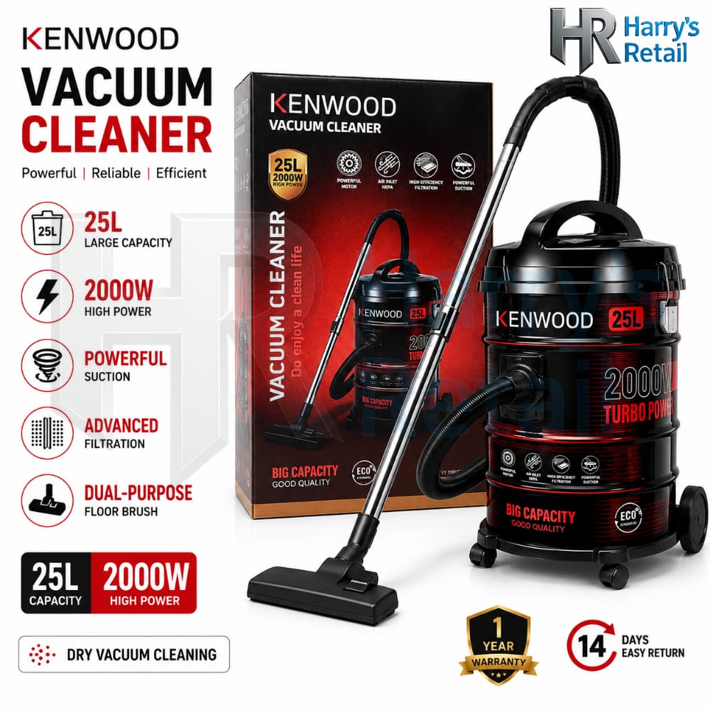 Kenwood 25L Vacuum Cleaner 2000W Turbo Power | Powerful Suction Dry Vacuum Cleaner | Large Capacity Dust Cleaner with Advanced Filtration