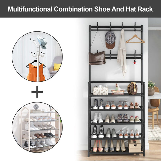 Multifunctional Shoe Rack Stand – 5 Layer Shoe Storage Rack with Coat & Hat Hanger | Metal Entryway Organizer