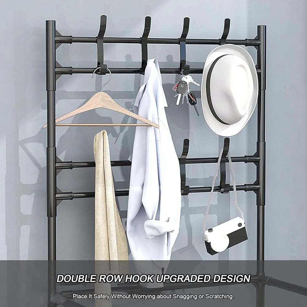 Multifunctional Shoe Rack Stand – 5 Layer Shoe Storage Rack with Coat & Hat Hanger | Metal Entryway Organizer