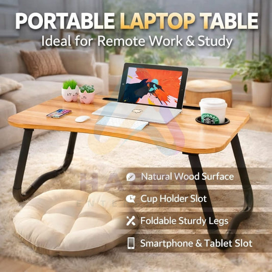 Wooden Laptop Table – Portable Foldable Bed Table for Laptop, Study & Gaming | Multi-Purpose Desk with Tablet & Cup Holder