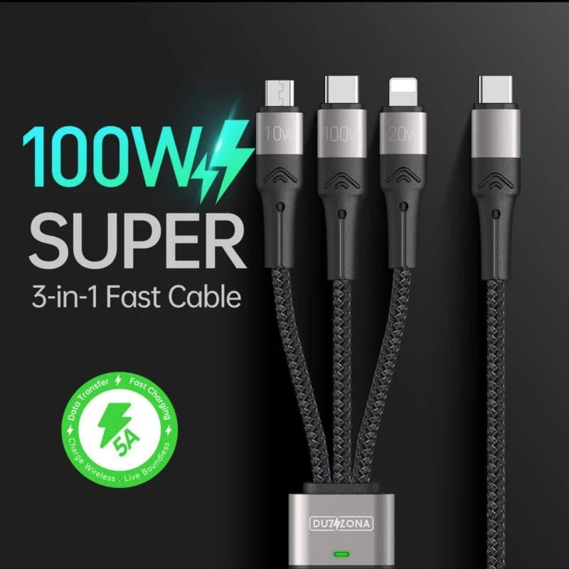 100w Fast Charging Cable - 3 In 1 Fast Charging Cable With Type C Cable - Micro Usb Connectors - Iphone Cable - Data Cable - Multi Charger Cable For Universal Devices - Nylon Braided - 3 In 1 Interface Charger.