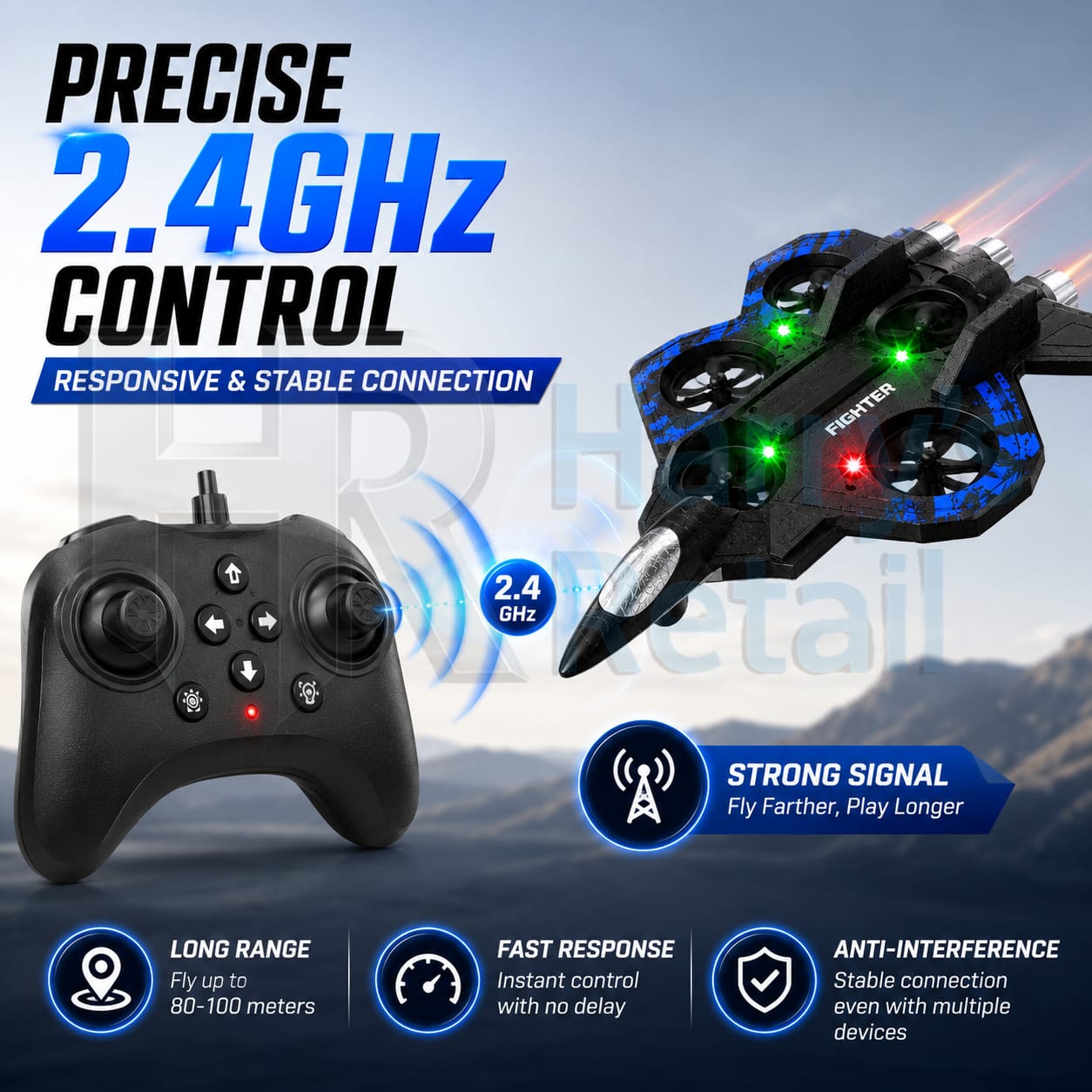 Starfighter RC Drone Plane with LED Lights & 2.4GHz Remote Control | Rechargeable Flying Toy for Kids