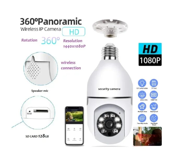 Smart Security Light Bulb Camera – 1080P HD WiFi CCTV Camera | E27 Bulb Socket Security Camera | Night Vision | Motion Detection | Two-Way Audio | 360° Panoramic View | Smart Alerts | Home Surveillance Camera