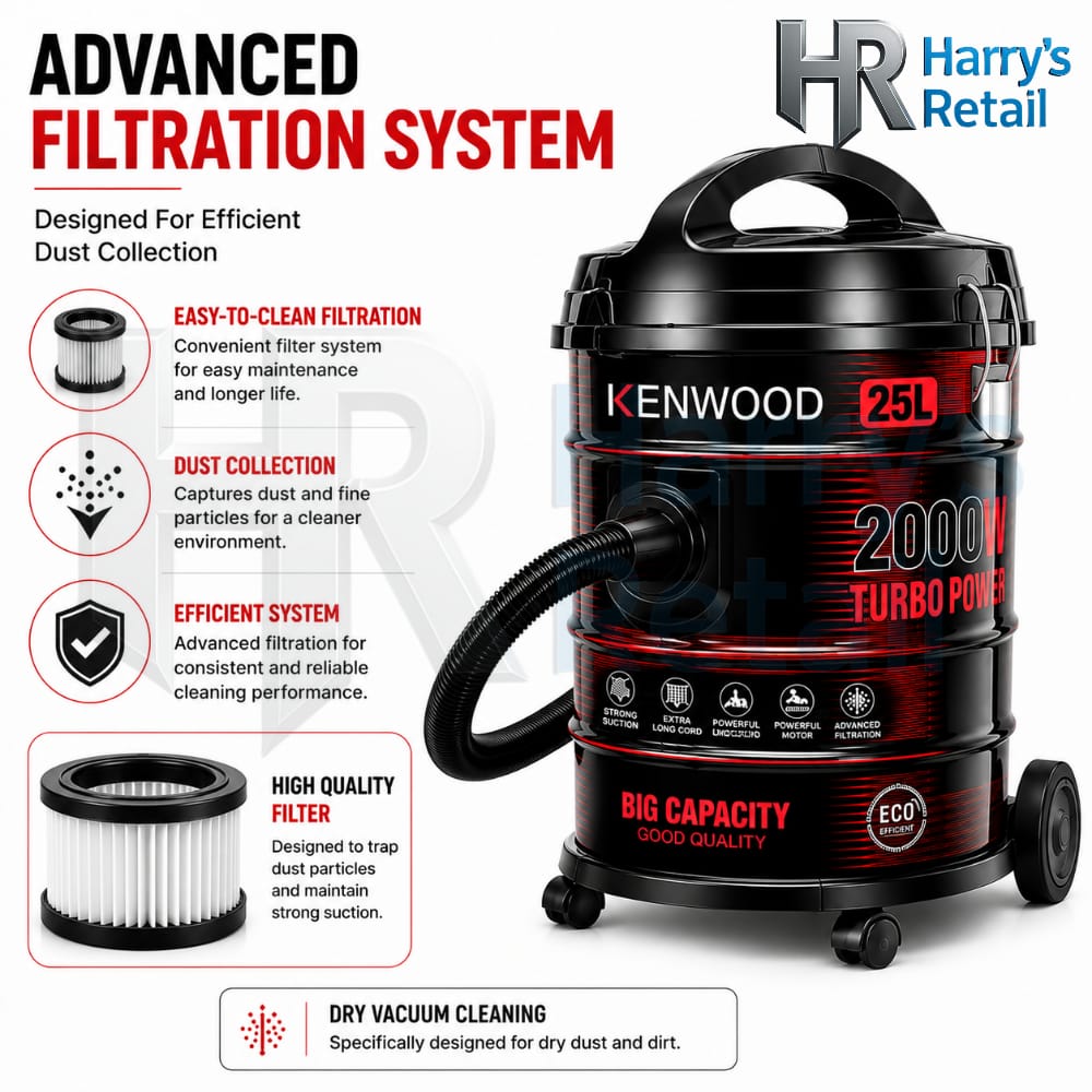 Kenwood 25L Vacuum Cleaner 2000W Turbo Power | Powerful Suction Dry Vacuum Cleaner | Large Capacity Dust Cleaner with Advanced Filtration