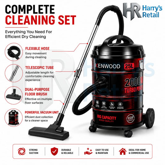 Kenwood 25L Vacuum Cleaner 2000W Turbo Power | Powerful Suction Dry Vacuum Cleaner | Large Capacity Dust Cleaner with Advanced Filtration