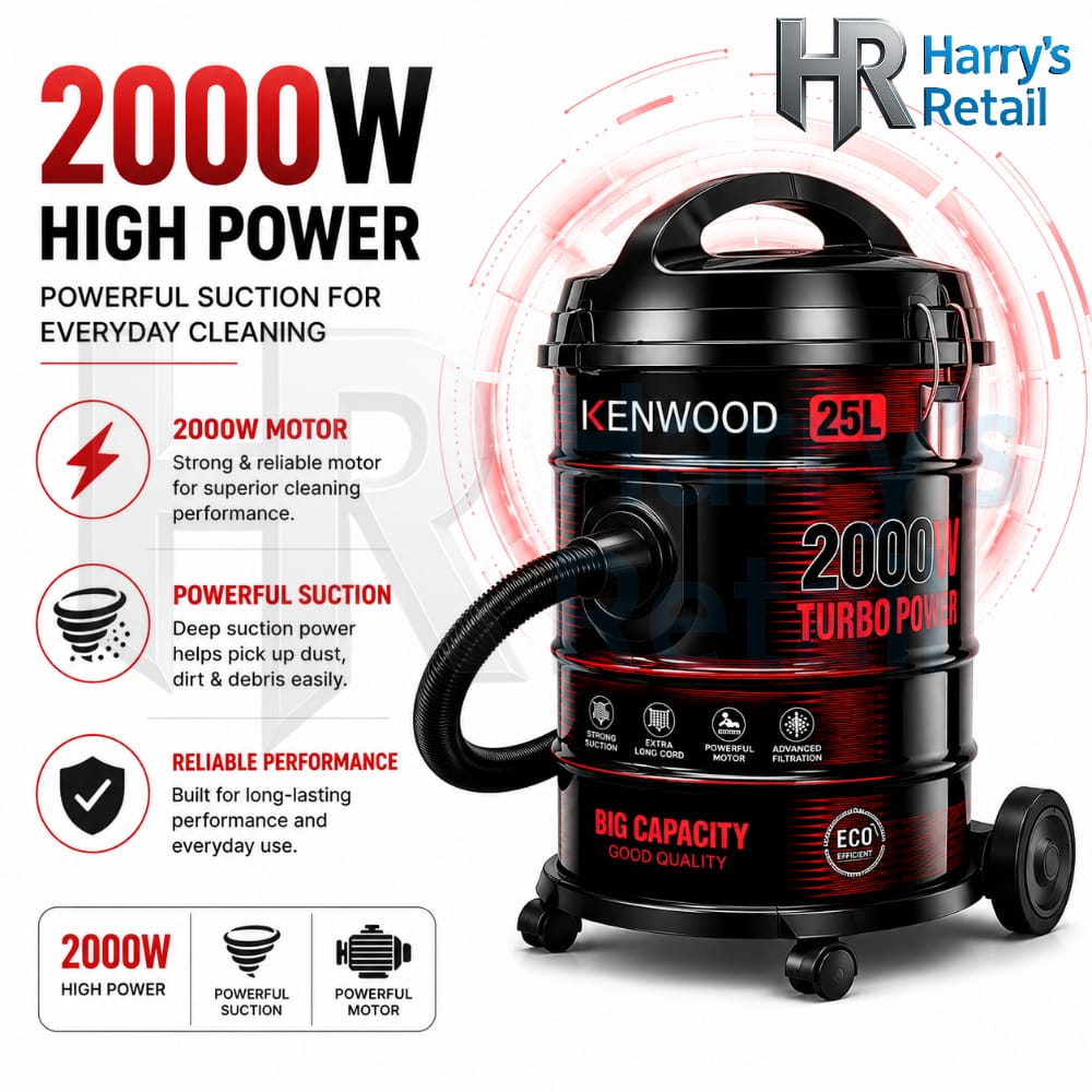 Kenwood 25L Vacuum Cleaner 2000W Turbo Power | Powerful Suction Dry Vacuum Cleaner | Large Capacity Dust Cleaner with Advanced Filtration