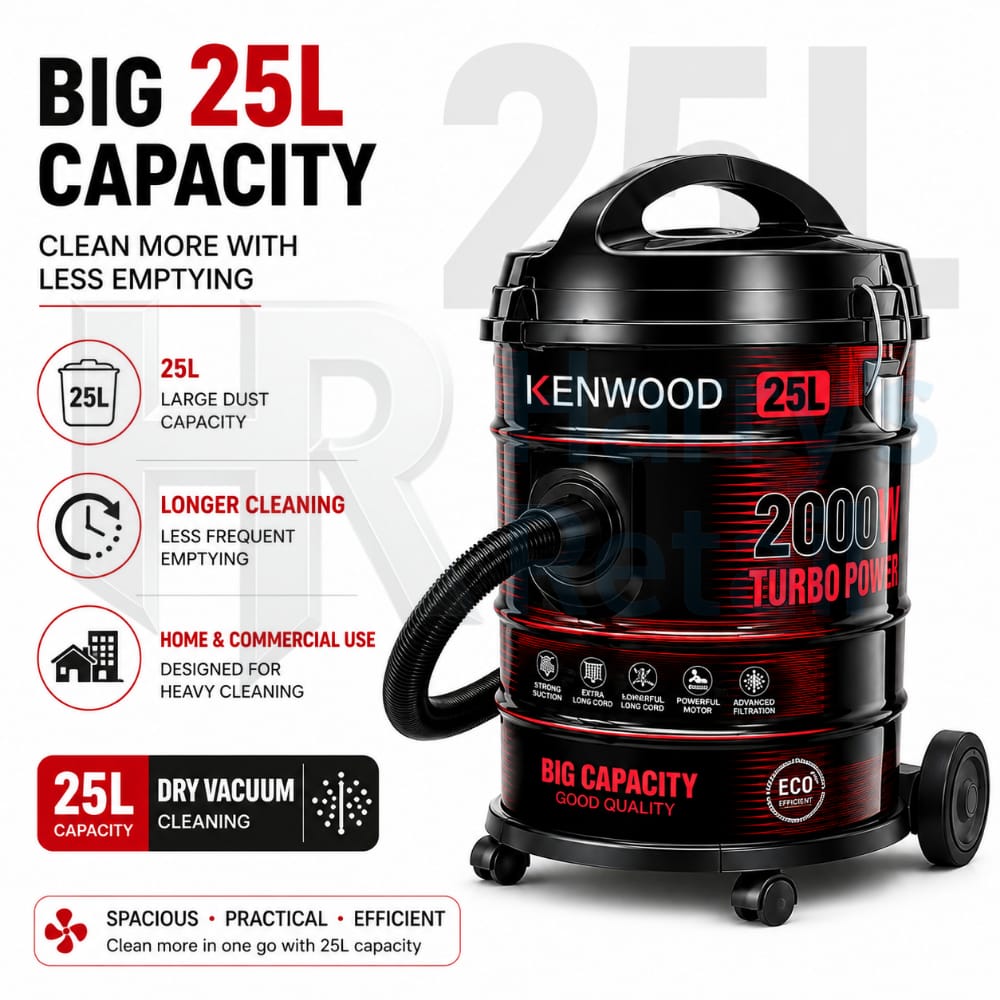 Kenwood 25L Vacuum Cleaner 2000W Turbo Power | Powerful Suction Dry Vacuum Cleaner | Large Capacity Dust Cleaner with Advanced Filtration