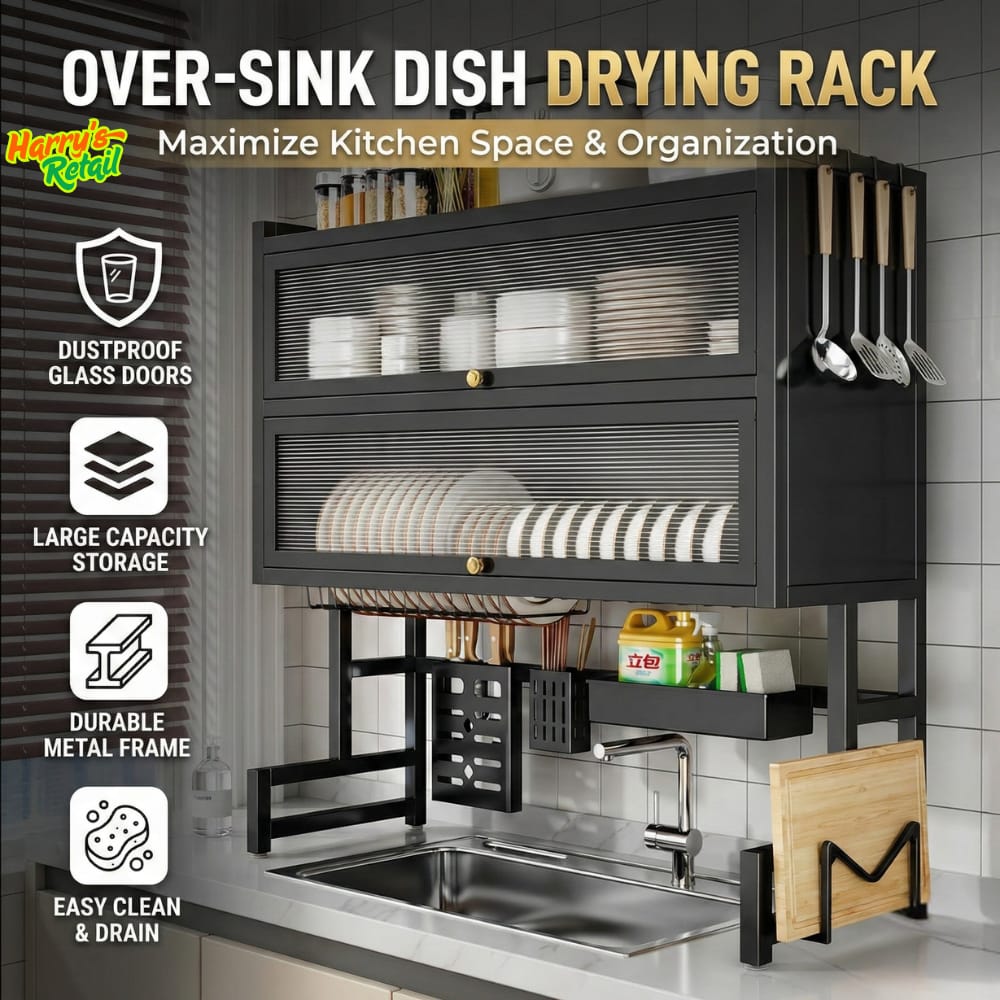 Over Sink Dish Rack – Multifunctional Kitchen Sink Organizer | Double Layer Storage Rack with Dish Holder, Knife Holder, Chopping Board Rack & Hooks