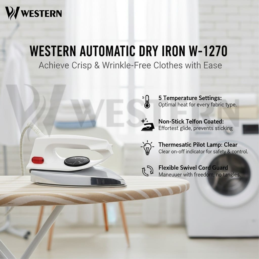 Western Automatic Dry Iron W-1270 – Non-Stick Soleplate | Lightweight & Energy Efficient