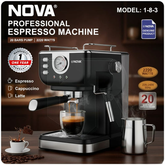 NOVA Professional Espresso Coffee Machine – 20 Bar, 2220W | Espresso Maker with Milk Frother | Cappuccino & Latte Coffee Machine for Home & Office