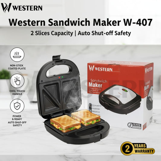 Western Sandwich Maker W-407 – 2 Slice Electric Sandwich Maker | Non-Stick Sandwich Toaster | 2-Year Warranty