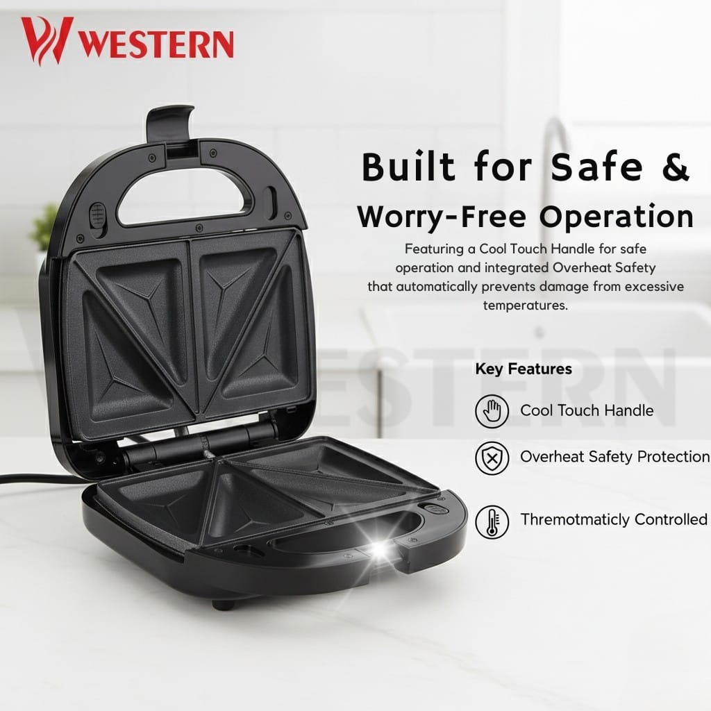 Western Sandwich Maker W-407 – 2 Slice Electric Sandwich Maker | Non-Stick Sandwich Toaster | 2-Year Warranty
