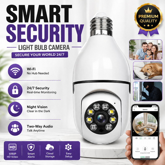 Smart Security Light Bulb Camera – 1080P HD WiFi CCTV Camera | E27 Bulb Socket Security Camera | Night Vision | Motion Detection | Two-Way Audio | 360° Panoramic View | Smart Alerts | Home Surveillance Camera