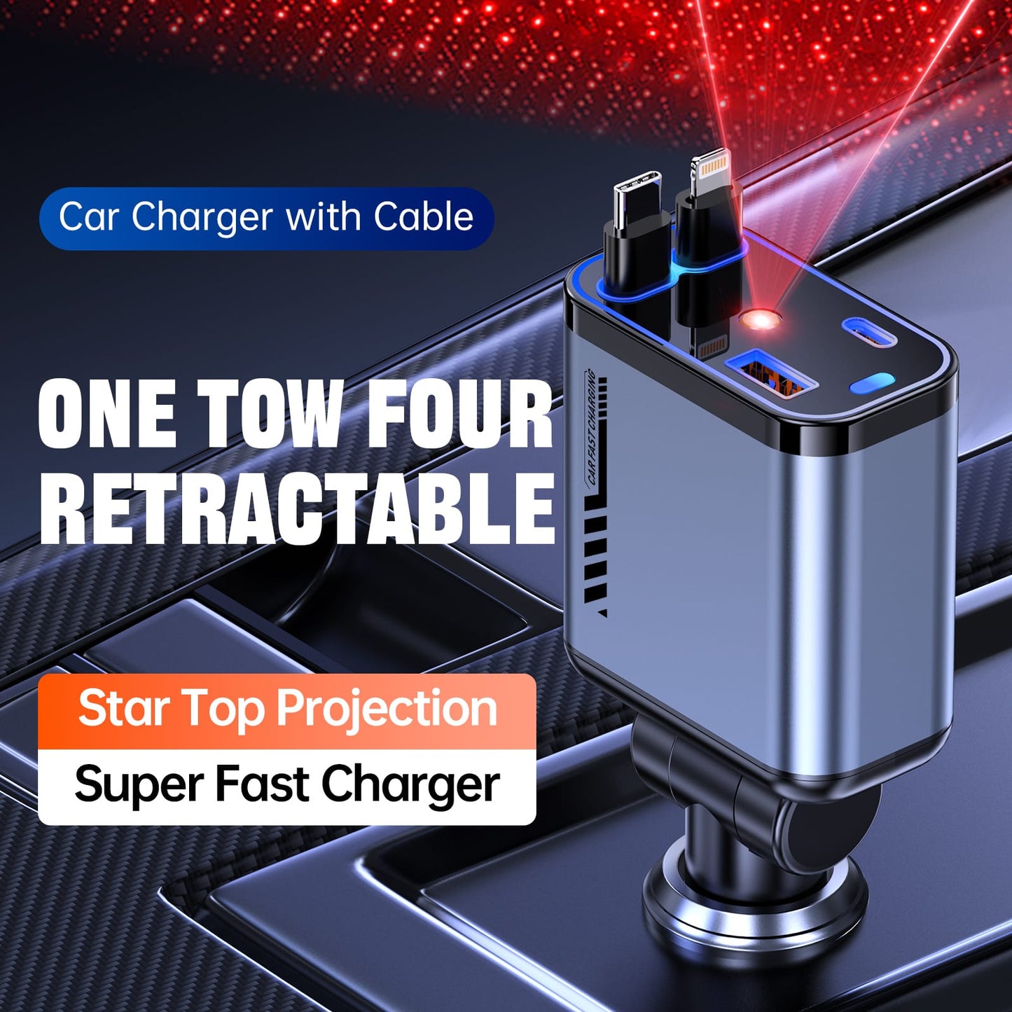 4-in-1 Retractable Car Charger – Fast Charging Car Adapter | Built-in Type-C & iPhone Cables
