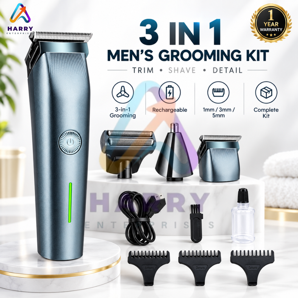 3-in-1 Men’s Grooming Kit – Rechargeable Hair Trimmer, Beard Shaver & Nose Trimmer with 1mm/3mm/5mm Combs